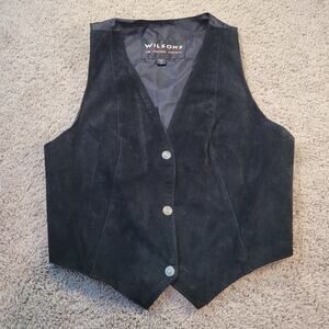 Vintage Y2K Wilsons Black Suede Leather Crop Vest V Neck Snap Front Biker Medium